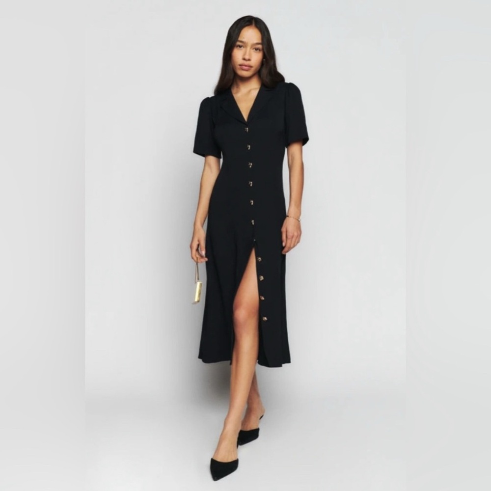 Reformation Black Midi Dress with Button Detail